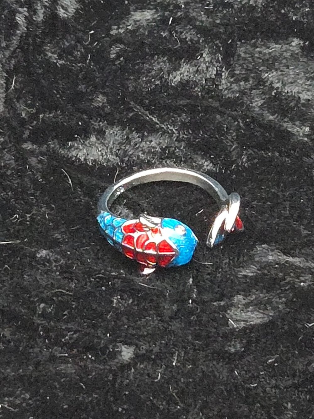 SILVER with Blue And Red Enamel Adjustable Coi Fish Ring...26026